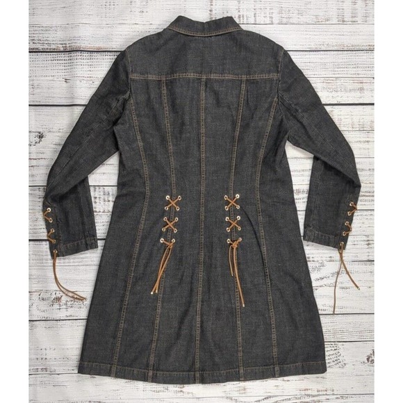 Escada Y2K Denim Suede Tassle Lace Up Back Turquoise Button Detail Dress Sz 42 - Picture 3 of 5